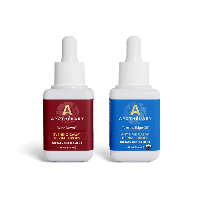 All Day Stress Duo featuring Wine Down™ for evening calm and sleep support and Take the Edge Off® for anytime stress support