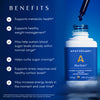 Bottle of Apothékary Blue Burn tincture with a dropper above it. Text lists benefits: supports metabolic health, healthy weight management, blood sugar levels already within normal range, curbs sugar cravings, supports stress response and cortisol levels, and may increase energy levels in the moment and over time. Disclaimer notes statements are not evaluated by the FDA.