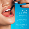 Close-up of a woman taking Apothékary Blue Burn tincture with a dropper. Text explains how to use: place one full dropper directly in the mouth or mix with water. Up to 4 servings per day recommended for full benefits.