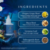 Bottle of Apothékary Blue Burn surrounded by herbs and botanicals. Callouts list key ingredients and their benefits: Oregon Grape Root (supports blood sugar), Maca Root (increases energy), Gymnema Leaf (curbs sugar cravings), Ashwagandha Root (supports stress response). FDA disclaimer included.