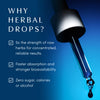 Close-up of tincture dropper releasing a blue drop. Text highlights why herbal drops are effective: 5x strength of raw herbs, faster absorption and stronger bioavailability, and zero sugar, calories, or alcohol.