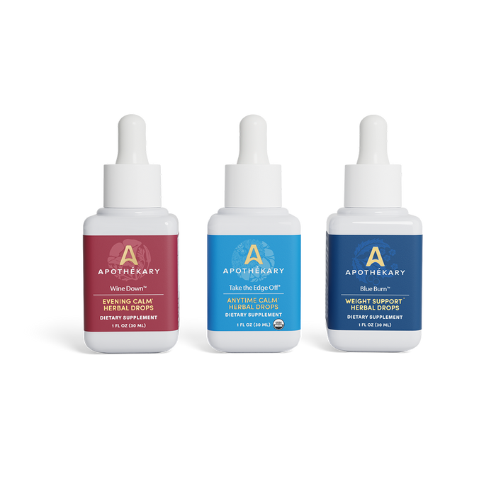 Bestsellers Trio featuring Wine Down™ for evening calm and sleep support; Take the Edge Off® for anytime stress support; Blue Burn® for metabolic and weight support