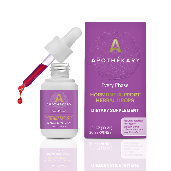 Every Phase™ is a daily hormone-balancing tincture that supports mood, sleep, and cycle comfort through PMS, perimenopause, and menopause. Formulated with Pycnogenol®, it helps ease discomfort associated with hormonal changes—through every phase.*