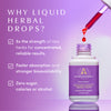 Open bottle of Every Phase™ with dropper above it dispensing a red drop. Overlay text reads:
WHY HERBAL DROPS?
5x the strength of raw herbs for concentrated, reliable results.
Faster absorption and stronger bioavailability
Zero sugar, calories or alcohol