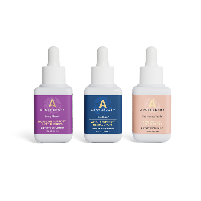 Longevity Trio: Blue Burn® to support a healthy metabolism and weight; Every Phase™ for hormone support; The Honest Youth® for skin support