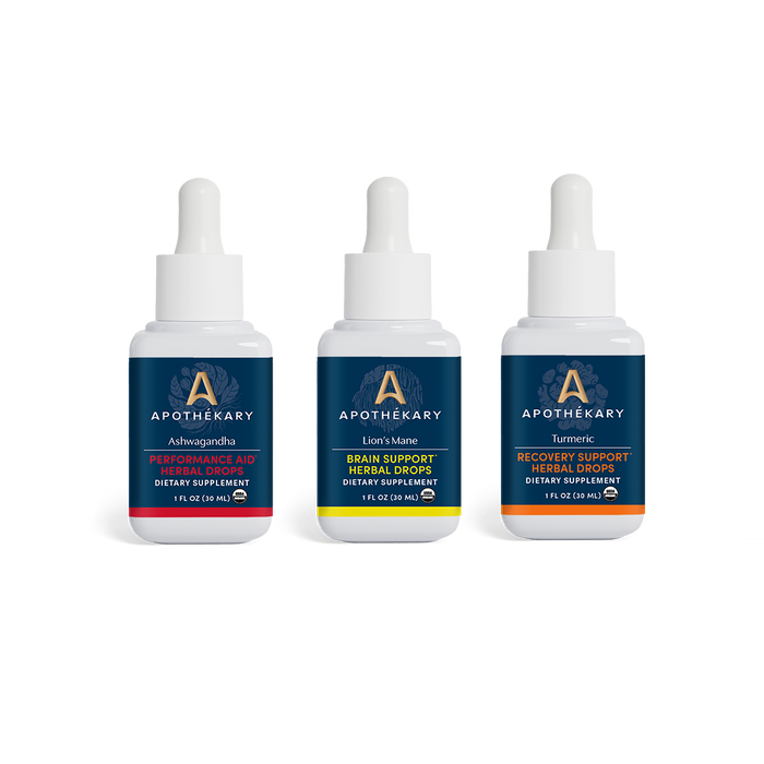 Origin Extracts Trio, featuring Ashwaghanda for performance ai, Lion's Mane for brain support, and Turmeric for recovery support