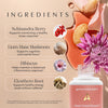 Rosé-Tinted Glasses bottle with herbs and flowers. Ingredients listed: Schisandra Berry, Lion’s Mane Mushroom, Hibiscus, and Eleuthero Root, each with their benefits. Includes FDA disclaimer: these statements have not been evaluated by the Food and Drug Administration. This product is not intended to diagnose, treat, cure or prevent any disease.