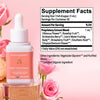 Rosé-Tinted Glasses bottle with roses. Supplement facts label: 1 mL proprietary extract blend including hibiscus, rosehip, schisandra, lion’s mane, strawberry, eleuthero, chrysanthemum. Also contains vegetable glycerin and purified water.
