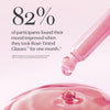 Dropper releasing pink liquid. Text: 82% of participants found their mood improved after one month of Rosé-Tinted Glasses. Based on internal survey of 39 participants.