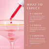 Dropper releasing red liquid into glass. Timeline shows: 0–2 hours — balanced mood and subtle energy; 1–2 weeks — stress relief and tension reduction; 1–3 months — improved skin tone and brain health. Includes FDA disclaimer: these statements have not been evaluated by the Food and Drug Administration. This product is not intended to diagnose, treat, cure or prevent any disease.