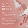 Rosé-Tinted Glasses bottle and dropper with spilled red liquid. Text: 5x strength of raw herbs, faster absorption and bioavailability, zero sugar, calories, or alcohol.