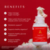 Red background with a bottle of Apothékary Sugar Kick tincture partially covered in whipped cream. Text lists benefits: helps manage sugar cravings, sustain healthy blood sugar, metabolic support, digestion, glucose metabolism, and energy levels. Includes FDA disclaimer: these statements have not been evaluated by the Food and Drug Administration. This product is not intended to diagnose, treat, cure or prevent any disease.