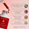 Open bottle of Sugar Kick with dropper and red liquid. Text identifies four key ingredients with benefits: White Mulberry Leaf (blood sugar), Ume Plum Vinegar (digestion), Hibiscus Flower (weight management), Bitter Melon (digestive support). Includes FDA disclaimer: these statements have not been evaluated by the Food and Drug Administration. This product is not intended to diagnose, treat, cure or prevent any disease.