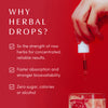 Hand holding a dropper of red liquid over a sparkling drink. Text highlights benefits of herbal drops: 5× strength of raw herbs, faster absorption, zero sugar/calories/alcohol.