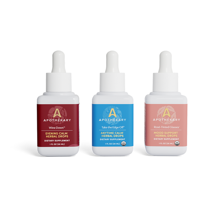 Sober Curious Trio, featuring: Wine Down™ for evening calm and sleep support; Take the Edge Off® for anytime stress support, and Rosé-Tinted Glasses® for daily mood support