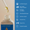 Dropper dispensing herbal tincture above an open Apothékary Take the Edge Off™ bottle. Icons highlight claims: USDA Organic, Non-GMO Project Verified, no sugar or calories, plant-based and vegan, 3rd party tested, alcohol-free, gluten-free, and female-founded.