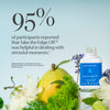 Apothékary Take the Edge Off™ bottle beside a pear and botanical ingredients. Text states: 95% of participants reported the product helped them deal with stressful moments, based on internal survey of 42 participants after one month.