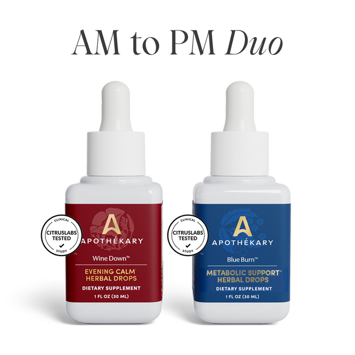 AM to PM Duo featuring Wine Down™ for evening calm and sleep support and Blue Burn® for metabolic support