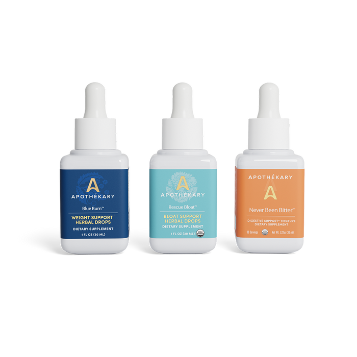 Triple Digest Trio featuring Blue Burn® for metabolic and weight support; Rescue Bloat™ for bloat support; Never Been Bitter® for digestive support