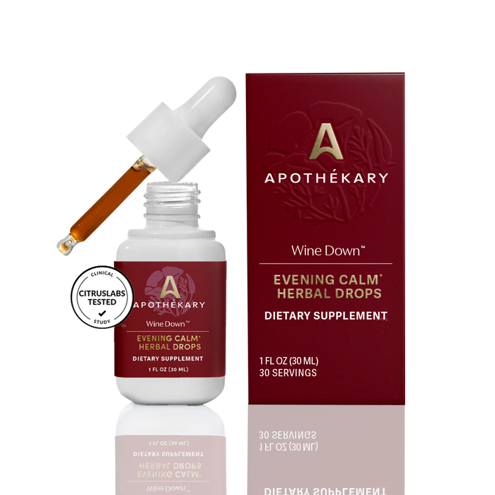 Wine Down™ is a clinically-studied, red wine-inspired alcohol alternative tincture featuring relaxation and sleep-inducing herbal ingredients that help ease body discomfort, calm feelings of stress, and gently lull you to sleep.