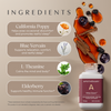 Apothékary Wine Down™ bottle with ingredients listed: California Poppy (promotes restful sleep), Blue Vervain (supports relaxation and comfort), L-Theanine (calms mind and body), and Elderberry (supports immune function). Background features cinnamon sticks, berries, and drops of tincture. Includes FDA disclaimer: these statements have not been evaluated by the Food and Drug Administration. This product is not intended to diagnose, treat, cure or prevent any disease.
