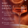 Glass of reddish herbal liquid with a dropper. Text outlines why herbal drops work: 5x strength of raw herbs, faster absorption and stronger bioavailability, and no sugar, calories, or alcohol.
